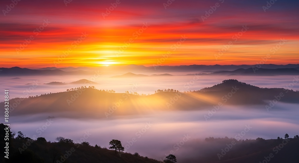 Obraz premium Spectacular sunrise over a sea of fog covering the mountains.