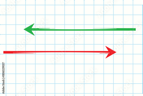 Opposite direction arrows red and green on graph paper background