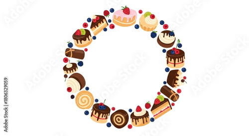 Delicious desserts with fresh berries create a sweet circular frame perfect for invitations, menus, or party decorations with irresistible treats
