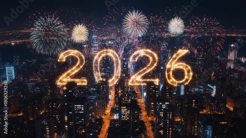 Happy New Year 2026 with Glowing night city light, Typography and Fireworks