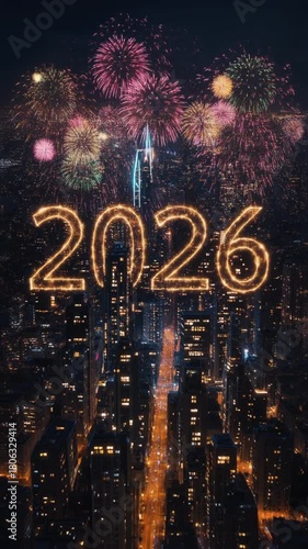 Happy New Year 2026 with Glowing night city light, Typography and Fireworks.