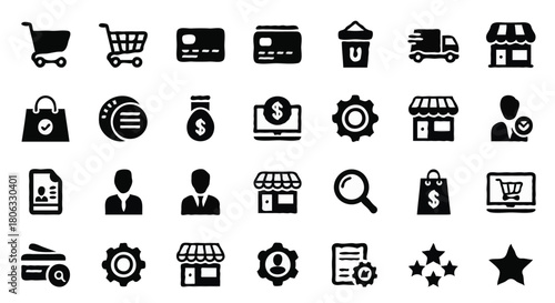 E-Commerce and Business Icon Set – 30 Black Symbols on White Grid