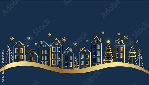 Gold & Blue Line-Art Christmas Village on Dark Navy