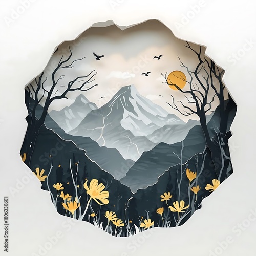 Surreal 3D Paper Cut-Out Asian Landscape with Layered Mountains and Yellow Flowers