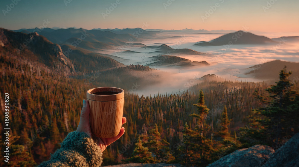 © Nischaa - Hand holding a wooden cup with a warm drink overlooking a serene misty mountain landscape at sunrise.