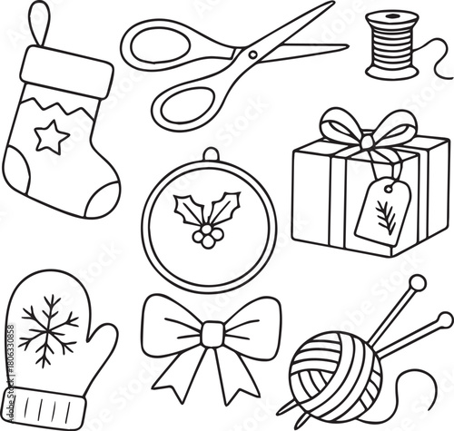 Hand-drawn doodle vector set of Christmas stocking, mitten with snowflake, gift box, bow, yarn ball with needles, scissors and thread spool, created in simple black and white line art for festive craf