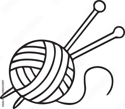 Hand-drawn doodle style illustration of a yarn ball with knitting needles, created with fine liner strokes. Simple black and white vector coloring page design for craft, hobby, knitting, crochet, hand