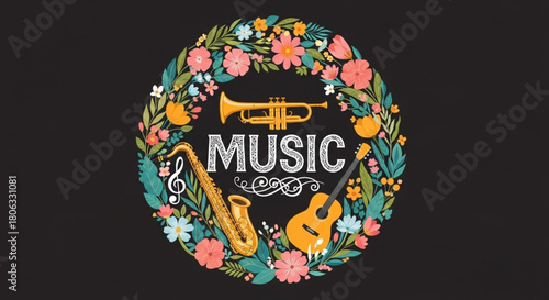 Vibrant musical instruments artfully arranged with blooming flowers, celebrating the joy of music and creative expression in a playful and whimsical design