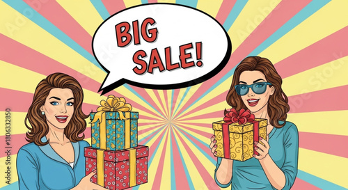 Excited women holding gifts during big sale event with bright retro background, perfect for advertising promotional offers and seasonal discounts now