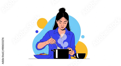 Woman stirring a steaming pot of soup in her vibrant, modern kitchen - perfect for food blogs, healthy lifestyle content, and culinary inspiration!