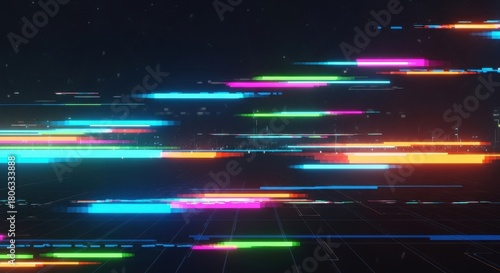 Heavy pixel drift creating neon glitch lines over dark futuristic background