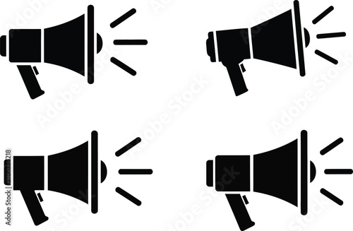 Illustration of four black megaphone icons with sound waves
