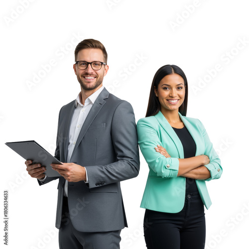 Professional Power Duo in Modern Attire: Confident Man in Grey Suit with Laptop and Poised Woman in Mint Blazer Stand Side-by-Side Against White Background, Exuding Trust, Teamwork, Approachability, a