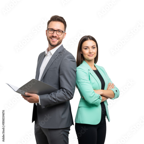 Professional Power Duo in Modern Attire: Confident Man in Grey Suit with Laptop and Poised Woman in Mint Blazer Stand Side-by-Side Against White Background, Exuding Trust, Teamwork, Approachability, a