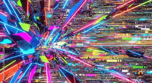 High-energy distortion breaking geometric neon shapes into glitch-heavy background