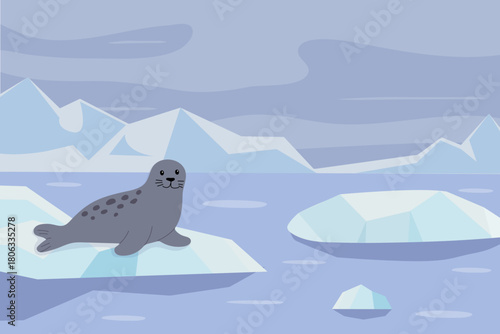 Cute gray seal lounging on an ice floe in a chilly ocean landscape with icebergs