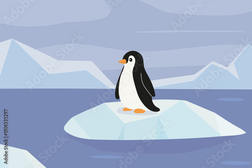 Penguin standing on an ice floe in a serene arctic landscape during a calm day