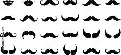 Illustration of collection of various mustache and lips silhouettes
