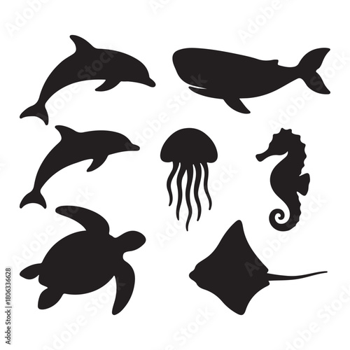 Silhouette black of marine creatures including dolphins, whales, turtles, jellyfish, seahorses and stingrays vector illustration