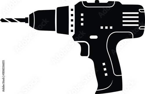 Illustration of black and white graphic of a cordless drill
