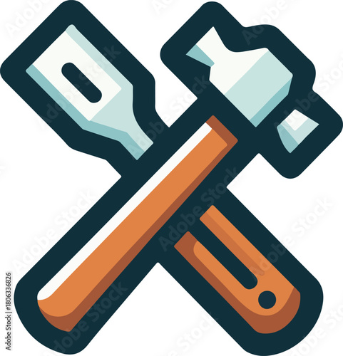 A stylized graphic icon of a crossed hammer and chisel representing craftsmanship and construction.