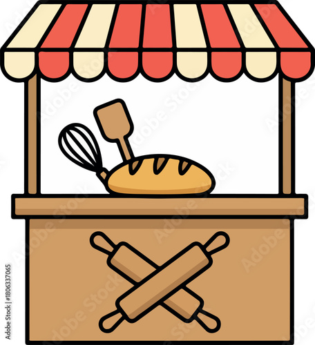 A cartoon illustration of a bakery stand with bread, whisk, spatula, and rolling pins.