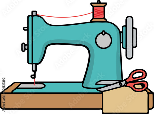 A detailed illustration of a vintage teal sewing machine with red thread and scissors.