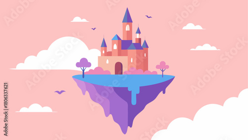 Floating castle on a cliff with clouds and pink sky