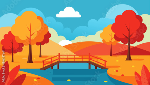 Autumn landscape with bridge and colorful trees view