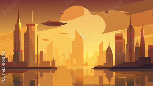 Futuristic cityscape with flying vehicles at sunset