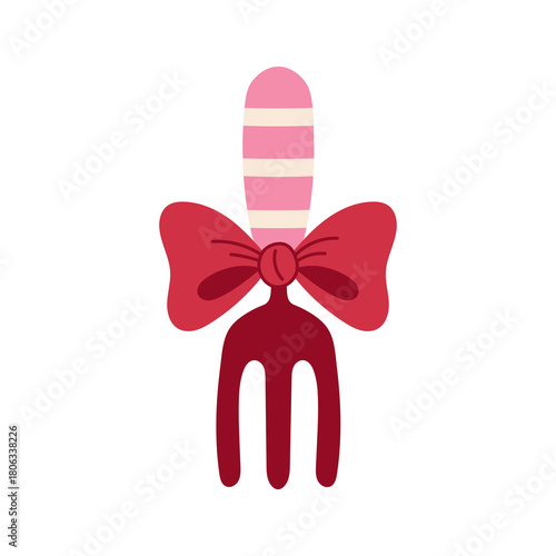 Garden Fork with Bow Element. Coquette Gardening Tool Icon with Pink Striped Handle and red ribbon. Girlish cottagecore item. Flat vector illustration