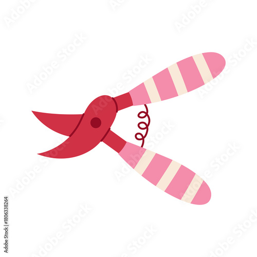 Pruner Pink Garden Tool Illustration. Hand drawn Gardening Equipment with striped handles in a whimsical girly style. Flat vector