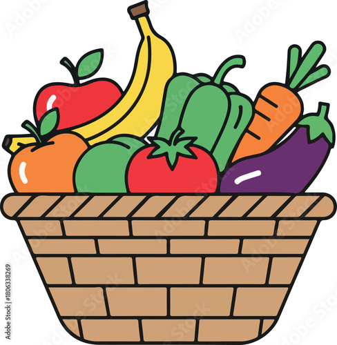 Basket overflowing with colorful fruits and vegetables, a healthy and vibrant assortment.