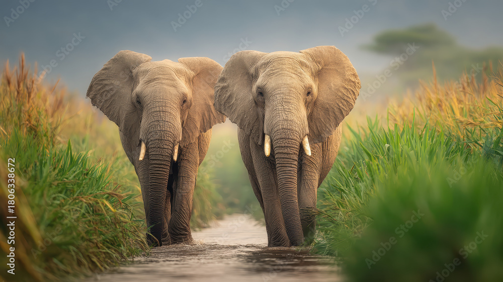 Obraz premium Two large elephants walking side by side through a shallow water stream surrounded by tall green grass and a soft blurred natural background in warm daylight