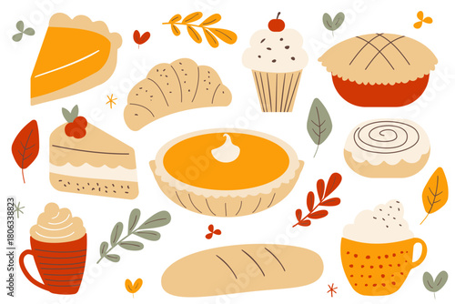 Cozy autumn pastries, warm drinks and fall bakery treat set. Pumpkin spice dessert, croissant and muffin with cake, snacks and coffee for rustic comfort food collection isolated on white background