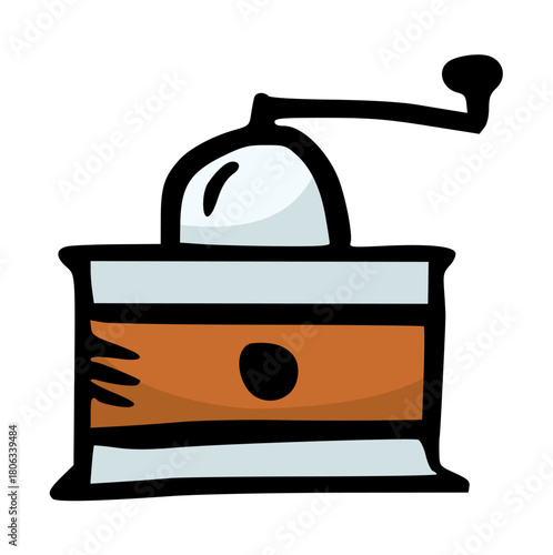 Hand Coffee Grinder Doodle Vector Illustration. Manual Mill Sketch for Coffee Shop, Cafe Logo, Brewing Equipment Icon, Espresso, Fresh Beans, Minimalist Design.