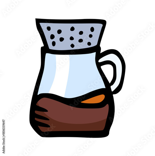 Cartoon Illustration of Pour-Over Coffee Drip Brewer with Filter and Hot Black Coffee, Minimalist Vector Doodle for Cafe, Coffee Shop, Beverage