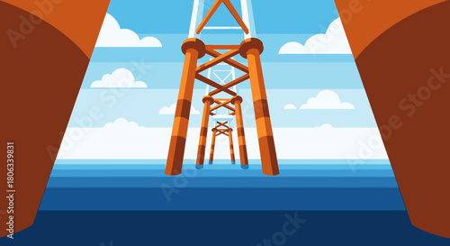 A striking low-angle view showcases towering offshore industrial platforms stretching into the vast blue ocean under a clear sky, symbolizing energy production.
