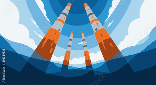 A dramatic low-angle perspective captures four towering, striped industrial structures reaching towards a stylized blue sky with abstract clouds, symbolizing progress and infrastructure.