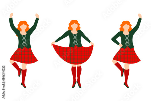 Scottish woman dancer in traditional red tartan costume on Burns Night event, party or festival. Fun folk dance moves and poses set with active festive celebration isolated on white background