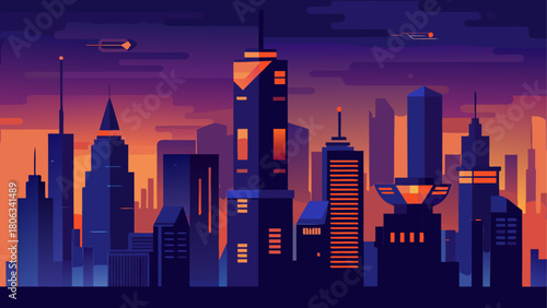 Cityscape silhouette at dusk with flying vehicles
