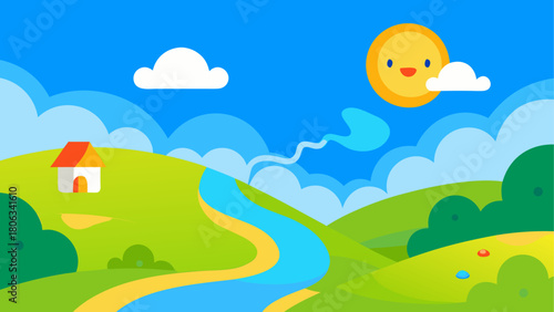 Cartoon landscape with house sun and winding river