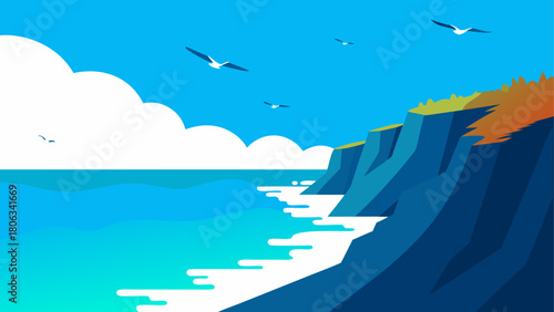 Birds flying over ocean with cliffs and white clouds