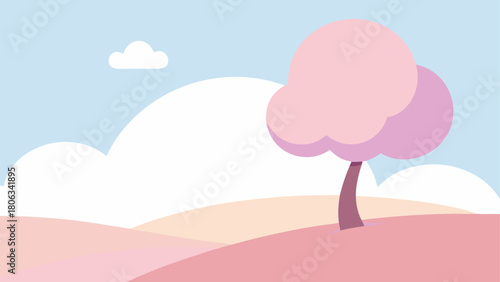Landscape with pink tree clouds and pastel colors