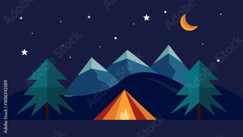 Camping scene with tent mountains and starry night