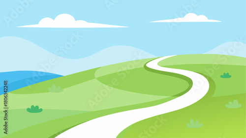 Cartoon landscape with winding path and cloudy sky