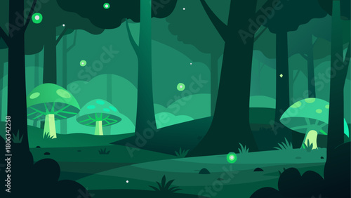 Illustration of a green forest with glowing mushrooms