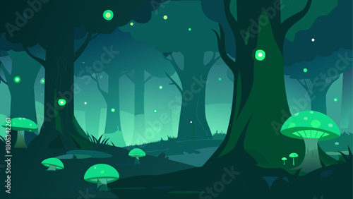 Illustration of a glowing mushroom forest at night