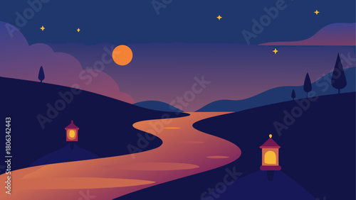 Landscape with river moon stars and lanterns at night