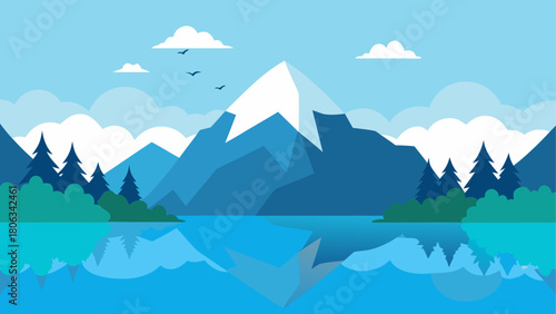 Landscape view of mountains lake and cloudy skies